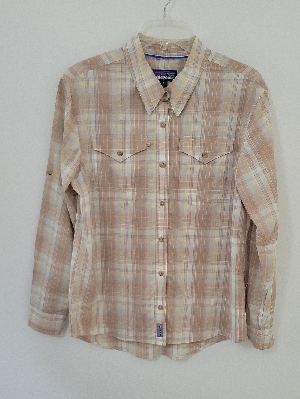 Patagonia Tan & Cream Plaid Button-Down Shirt, Size Large